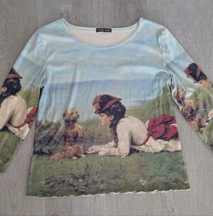 Boho Chic Made In USA Artistic Long Sleeve Top with Scenic Dog Woman Print Sz L